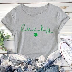 LUCKY St Patricks Day Tee Shirt Crew Neck with lucky Clover Print Top